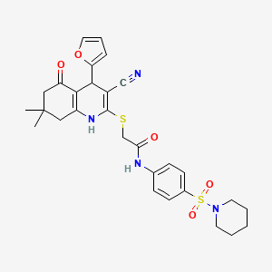 2-[[3-cyano-4-(furan-2-yl)-7,7-dimethyl-5-oxo-1,4,6,8-tetrahydroquinolin-2-yl]sulfanyl]-N-(4-piperidin-1-ylsulfonylphenyl)acetamide