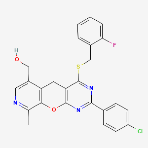 molecular formula C25H19ClFN3O2S B2366719 (2-(4-chlorophenyl)-4-((2-fluorobenzyl)thio)-9-methyl-5H-pyrido[4',3':5,6]pyrano[2,3-d]pyrimidin-6-yl)methanol CAS No. 892417-46-8