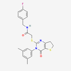 molecular formula C23H22FN3O2S2 B2366775 2-[[3-(3,5-dimethylphenyl)-4-oxo-6,7-dihydrothieno[3,2-d]pyrimidin-2-yl]sulfanyl]-N-[(4-fluorophenyl)methyl]acetamide CAS No. 877653-82-2