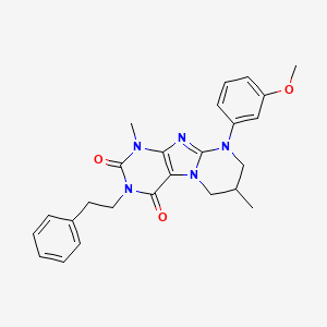 molecular formula C25H27N5O3 B2366792 9-(3-甲氧苯基)-1,7-二甲基-3-苯乙基-6,7,8,9-四氢嘧啶并[2,1-f]嘌呤-2,4(1H,3H)-二酮 CAS No. 844828-57-5