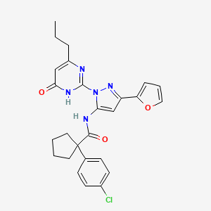 molecular formula C26H26ClN5O3 B2366802 1-(4-chlorophenyl)-N-(3-(furan-2-yl)-1-(6-oxo-4-propyl-1,6-dihydropyrimidin-2-yl)-1H-pyrazol-5-yl)cyclopentanecarboxamide CAS No. 1207060-44-3