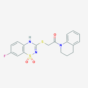 molecular formula C18H16FN3O3S2 B2366806 1-(3,4-dihydroquinolin-1(2H)-yl)-2-((7-fluoro-1,1-dioxido-4H-benzo[e][1,2,4]thiadiazin-3-yl)thio)ethanone CAS No. 886952-78-9