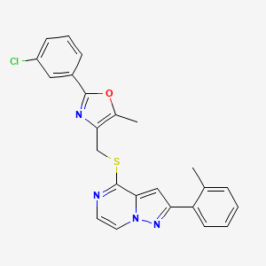 molecular formula C24H19ClN4OS B2366808 4-({[2-(3-Chlorophenyl)-5-methyl-1,3-oxazol-4-yl]methyl}thio)-2-(2-methylphenyl)pyrazolo[1,5-a]pyrazine CAS No. 1207030-57-6