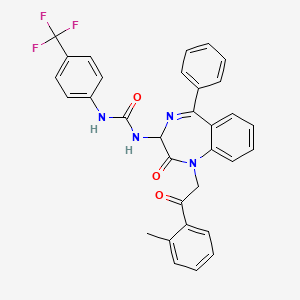 molecular formula C32H25F3N4O3 B2366832 N-(2,5-diaza-2-(2-(2-methylphenyl)-2-oxoethyl)-3-oxo-6-phenylbicyclo[5.4.0]undeca-1(7),5,8,10-tetraen-4-yl)((4-(trifluomethyl)phenyl)amino)formamide CAS No. 1796922-64-9