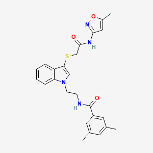 molecular formula C25H26N4O3S B2366853 3,5-二甲基-N-(2-(3-((2-((5-甲基异恶唑-3-基)氨基)-2-氧代乙基)硫代)-1H-吲哚-1-基)乙基)苯甲酰胺 CAS No. 532974-51-9