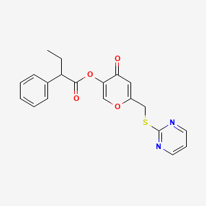 molecular formula C20H18N2O4S B2366937 4-oxo-6-((pyrimidin-2-ylthio)methyl)-4H-pyran-3-yl 2-phenylbutanoate CAS No. 877637-54-2