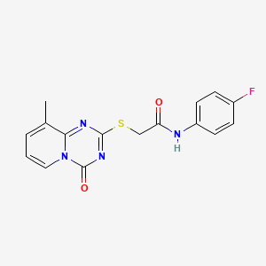 molecular formula C16H13FN4O2S B2366968 N-(4-氟苯基)-2-(9-甲基-4-氧代吡啶并[1,2-a][1,3,5]三嗪-2-基)硫代乙酰胺 CAS No. 896340-07-1