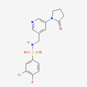 molecular formula C16H15ClFN3O3S B2367014 3-chloro-4-fluoro-N-((5-(2-oxopyrrolidin-1-yl)pyridin-3-yl)methyl)benzenesulfonamide CAS No. 2034388-26-4