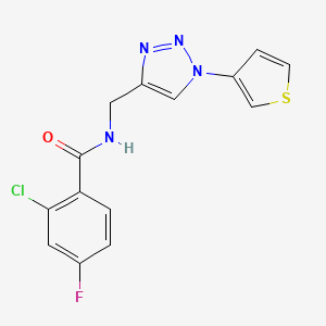 molecular formula C14H10ClFN4OS B2367068 2-chloro-4-fluoro-N-((1-(thiophen-3-yl)-1H-1,2,3-triazol-4-yl)methyl)benzamide CAS No. 2034494-92-1