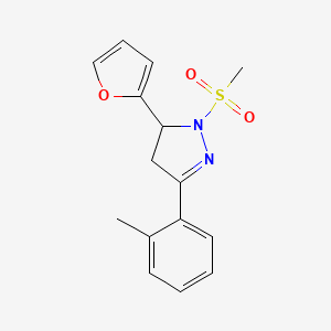 molecular formula C15H16N2O3S B2367218 5-(furan-2-yl)-1-(methylsulfonyl)-3-(o-tolyl)-4,5-dihydro-1H-pyrazole CAS No. 1448048-27-8