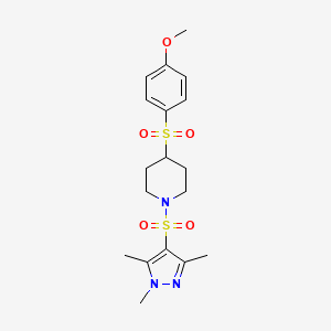 molecular formula C18H25N3O5S2 B2367275 4-((4-methoxyphenyl)sulfonyl)-1-((1,3,5-trimethyl-1H-pyrazol-4-yl)sulfonyl)piperidine CAS No. 1448074-52-9