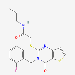 molecular formula C18H18FN3O2S2 B2367413 2-{[3-(2-fluorobenzyl)-4-oxo-3,4-dihydrothieno[3,2-d]pyrimidin-2-yl]sulfanyl}-N-propylacetamide CAS No. 1252912-20-1