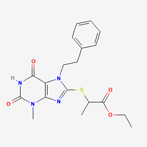 molecular formula C19H22N4O4S B2367500 ethyl 2-((3-methyl-2,6-dioxo-7-phenethyl-2,3,6,7-tetrahydro-1H-purin-8-yl)thio)propanoate CAS No. 313470-85-8