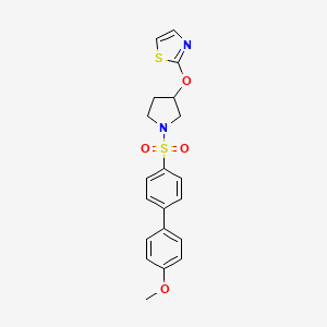 molecular formula C20H20N2O4S2 B2367515 2-((1-((4'-甲氧基-[1,1'-联苯]-4-基)磺酰基)吡咯烷-3-基)氧基)噻唑 CAS No. 2034386-81-5