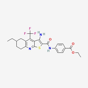molecular formula C24H24F3N3O3S B2367526 Ethyl 4-({[3-amino-6-ethyl-4-(trifluoromethyl)-5,6,7,8-tetrahydrothieno[2,3-b]quinolin-2-yl]carbonyl}amino)benzenecarboxylate CAS No. 939893-74-0
