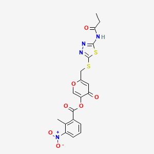 molecular formula C19H16N4O7S2 B2367575 4-oxo-6-(((5-propionamido-1,3,4-thiadiazol-2-yl)thio)methyl)-4H-pyran-3-yl 2-methyl-3-nitrobenzoate CAS No. 896019-28-6