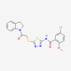 molecular formula C20H17ClN4O3S2 B2367598 5-chloro-N-(5-((2-(indolin-1-yl)-2-oxoethyl)thio)-1,3,4-thiadiazol-2-yl)-2-methoxybenzamide CAS No. 391868-89-6