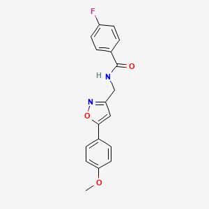 molecular formula C18H15FN2O3 B2367613 4-氟-N-((5-(4-甲氧基苯基)异恶唑-3-基)甲基)苯甲酰胺 CAS No. 953014-73-8