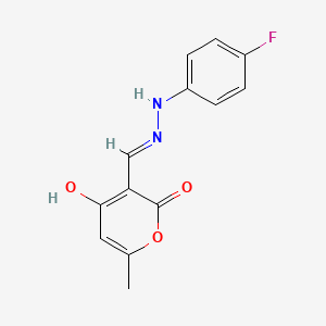 molecular formula C13H11FN2O3 B2367647 4-hydroxy-6-methyl-2-oxo-2H-pyran-3-carbaldehyde N-(4-fluorophenyl)hydrazone CAS No. 477868-36-3