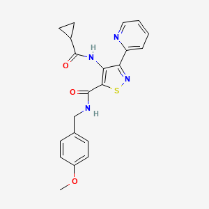 molecular formula C21H20N4O3S B2367746 4-[(cyclopropylcarbonyl)amino]-N-(4-methoxybenzyl)-3-pyridin-2-ylisothiazole-5-carboxamide CAS No. 1251584-04-9