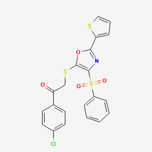 molecular formula C21H14ClNO4S3 B2367785 1-(4-Chlorophenyl)-2-((4-(phenylsulfonyl)-2-(thiophen-2-yl)oxazol-5-yl)thio)ethanone CAS No. 850927-63-8