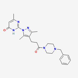 molecular formula C24H30N6O2 B2367822 2-(4-(3-(4-苄基哌嗪-1-基)-3-氧代丙基)-3,5-二甲基-1H-吡唑-1-基)-6-甲基嘧啶-4(3H)-酮 CAS No. 1170615-77-6