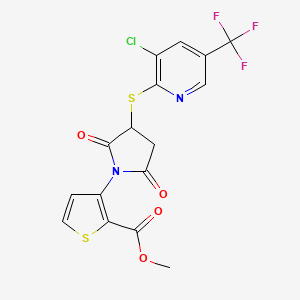 molecular formula C16H10ClF3N2O4S2 B2367869 Methyl 3-(3-{[3-chloro-5-(trifluoromethyl)-2-pyridinyl]sulfanyl}-2,5-dioxo-1-pyrrolidinyl)-2-thiophenecarboxylate CAS No. 321430-89-1