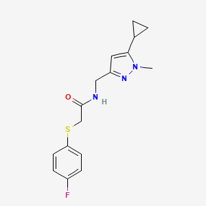 molecular formula C16H18FN3OS B2367881 N-((5-cyclopropyl-1-methyl-1H-pyrazol-3-yl)methyl)-2-((4-fluorophenyl)thio)acetamide CAS No. 1448029-64-8