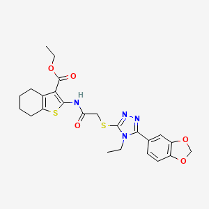 molecular formula C24H26N4O5S2 B2367913 ethyl 2-(2-((5-(benzo[d][1,3]dioxol-5-yl)-4-ethyl-4H-1,2,4-triazol-3-yl)thio)acetamido)-4,5,6,7-tetrahydrobenzo[b]thiophene-3-carboxylate CAS No. 496777-61-8