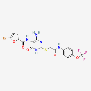 molecular formula C18H13BrF3N5O5S B2367916 N-(4-amino-6-oxo-2-((2-oxo-2-((4-(trifluoromethoxy)phenyl)amino)ethyl)thio)-1,6-dihydropyrimidin-5-yl)-5-bromofuran-2-carboxamide CAS No. 888428-95-3