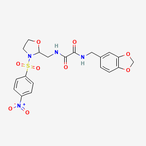 molecular formula C20H20N4O9S B2367930 N1-(benzo[d][1,3]dioxol-5-ylmethyl)-N2-((3-((4-nitrophenyl)sulfonyl)oxazolidin-2-yl)methyl)oxalamide CAS No. 868982-07-4