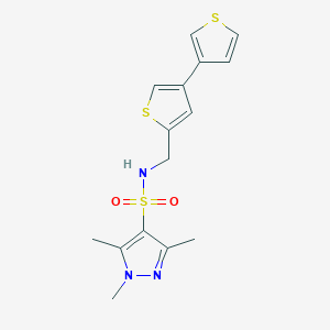 molecular formula C15H17N3O2S3 B2367937 1,3,5-Trimethyl-N-[(4-thiophen-3-ylthiophen-2-yl)methyl]pyrazole-4-sulfonamide CAS No. 2379984-45-7