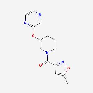 molecular formula C14H16N4O3 B2368008 (5-Methylisoxazol-3-yl)(3-(pyrazin-2-yloxy)piperidin-1-yl)methanone CAS No. 2034252-11-2