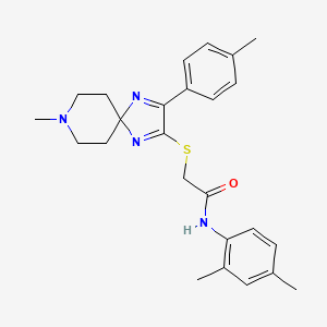 molecular formula C25H30N4OS B2368126 N-(2,4-dimethylphenyl)-2-((8-methyl-3-(p-tolyl)-1,4,8-triazaspiro[4.5]deca-1,3-dien-2-yl)thio)acetamide CAS No. 1216390-02-1