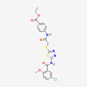 molecular formula C21H19ClN4O5S2 B2368158 Ethyl 4-(2-((5-(5-chloro-2-methoxybenzamido)-1,3,4-thiadiazol-2-yl)thio)acetamido)benzoate CAS No. 391874-52-5