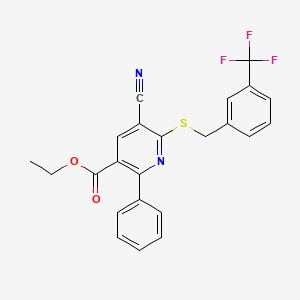 molecular formula C23H17F3N2O2S B2368172 Ethyl 5-cyano-2-phenyl-6-((3-(trifluoromethyl)benzyl)sulfanyl)nicotinate CAS No. 306980-09-6