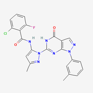 molecular formula C23H17ClFN7O2 B2368219 2-chloro-6-fluoro-N-(3-methyl-1-(4-oxo-1-(m-tolyl)-4,5-dihydro-1H-pyrazolo[3,4-d]pyrimidin-6-yl)-1H-pyrazol-5-yl)benzamide CAS No. 1172988-80-5