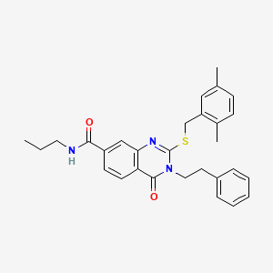 molecular formula C29H31N3O2S B2368224 2-((2,5-dimethylbenzyl)thio)-4-oxo-3-phenethyl-N-propyl-3,4-dihydroquinazoline-7-carboxamide CAS No. 1115485-60-3