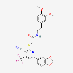 molecular formula C26H22F3N3O5S B2368227 2-{[6-(1,3-benzodioxol-5-yl)-3-cyano-4-(trifluoromethyl)-2-pyridinyl]sulfanyl}-N-(3,4-dimethoxyphenethyl)acetamide CAS No. 625378-06-5