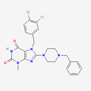 molecular formula C24H24Cl2N6O2 B2368243 7-[(3,4-Dichlorophenyl)methyl]-3-methyl-8-[4-benzylpiperazinyl]-1,3,7-trihydro purine-2,6-dione CAS No. 886910-04-9