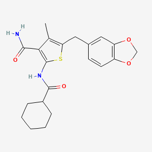 molecular formula C21H24N2O4S B2368267 5-(1,3-苯并二氧杂环-5-基甲基)-2-(环己基羰基氨基)-4-甲基噻吩-3-甲酰胺 CAS No. 476368-87-3