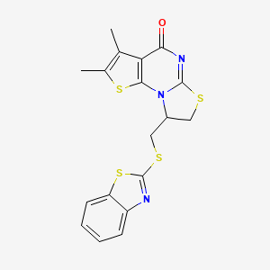 molecular formula C18H15N3OS4 B2368322 1-(benzothiazol-2-ylthiomethyl)-6,7-dimethyl-9-hydro-1H,2H-1,3-thiazolidino[3, 2-a]thiopheno[3,2-e]pyrimidin-5-one CAS No. 849065-79-8