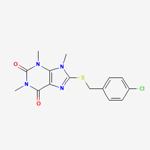 molecular formula C15H15ClN4O2S B2368360 8-[(4-Chlorophenyl)methylsulfanyl]-1,3,9-trimethylpurine-2,6-dione CAS No. 897454-16-9