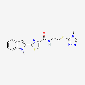 molecular formula C18H18N6OS2 B2368477 2-(1-甲基-1H-吲哚-2-基)-N-(2-((4-甲基-4H-1,2,4-三唑-3-基)硫代)乙基)噻唑-4-甲酰胺 CAS No. 1171791-96-0