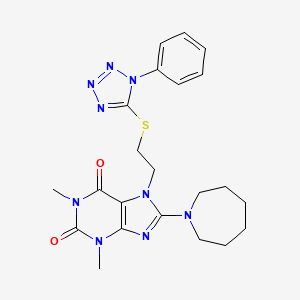 molecular formula C22H27N9O2S B2368556 8-(氮杂环-1-基)-1,3-二甲基-7-[2-(1-苯基四唑-5-基)硫代乙基]嘌呤-2,6-二酮 CAS No. 685860-77-9