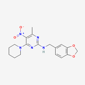 molecular formula C18H21N5O4 B2368790 N-(1,3-苯并二氧杂环-5-基甲基)-4-甲基-5-硝基-6-(哌啶-1-基)嘧啶-2-胺 CAS No. 1203251-02-8