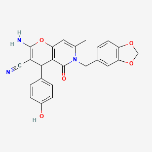 molecular formula C24H19N3O5 B2368889 2-amino-6-(1,3-benzodioxol-5-ylmethyl)-4-(4-hydroxyphenyl)-7-methyl-5-oxo-5,6-dihydro-4H-pyrano[3,2-c]pyridine-3-carbonitrile CAS No. 758704-16-4