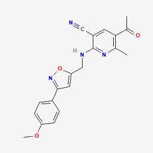molecular formula C20H18N4O3 B2368908 5-Acetyl-2-({[3-(4-methoxyphenyl)-5-isoxazolyl]methyl}amino)-6-methylnicotinonitrile CAS No. 338749-68-1