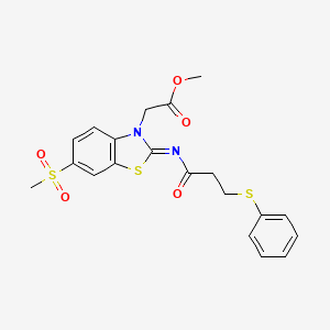 molecular formula C20H20N2O5S3 B2369106 Methyl 2-[6-methylsulfonyl-2-(3-phenylsulfanylpropanoylimino)-1,3-benzothiazol-3-yl]acetate CAS No. 941961-29-1