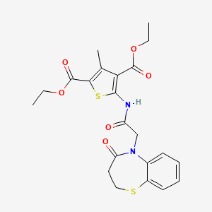 molecular formula C22H24N2O6S2 B2369110 diethyl 3-methyl-5-(2-(4-oxo-3,4-dihydrobenzo[b][1,4]thiazepin-5(2H)-yl)acetamido)thiophene-2,4-dicarboxylate CAS No. 863004-18-6